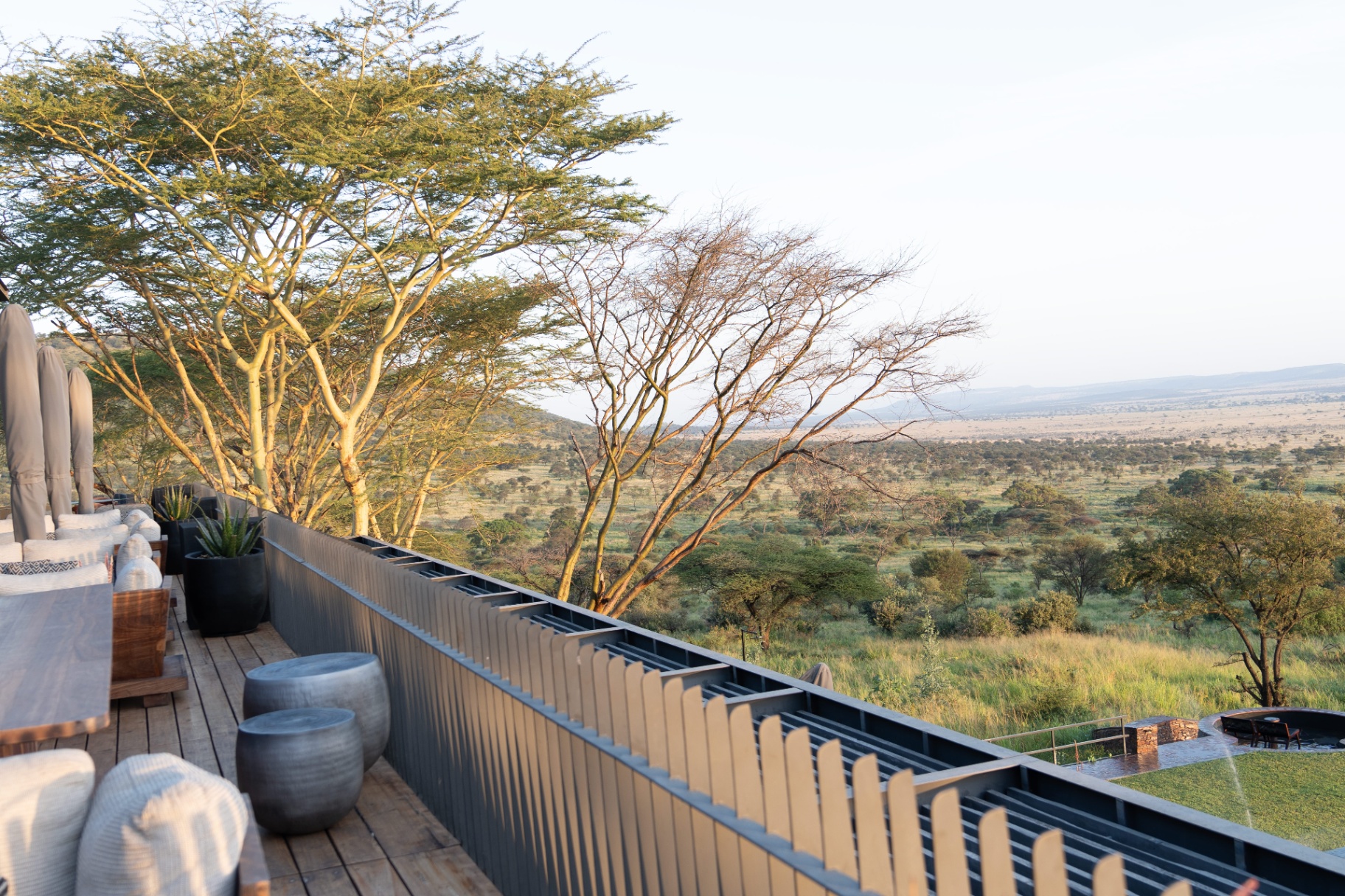 Sunrise deck view over the Serengeti plains from a luxury lodge