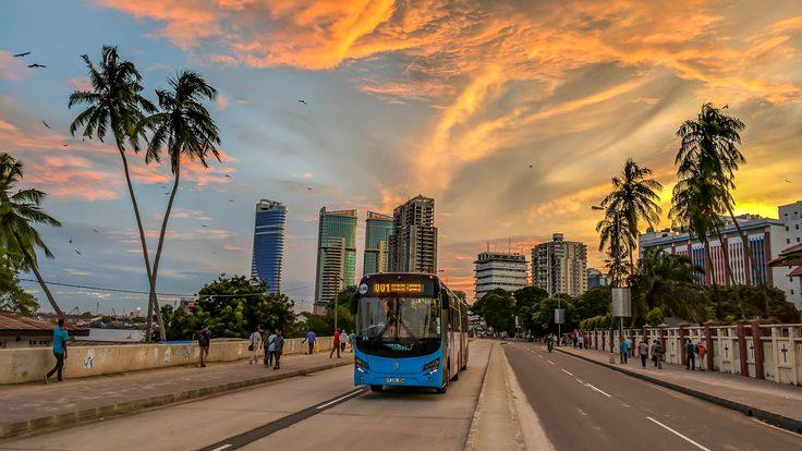 Dar es Salaam at sunset — city bus crossing a palm-lined boulevard