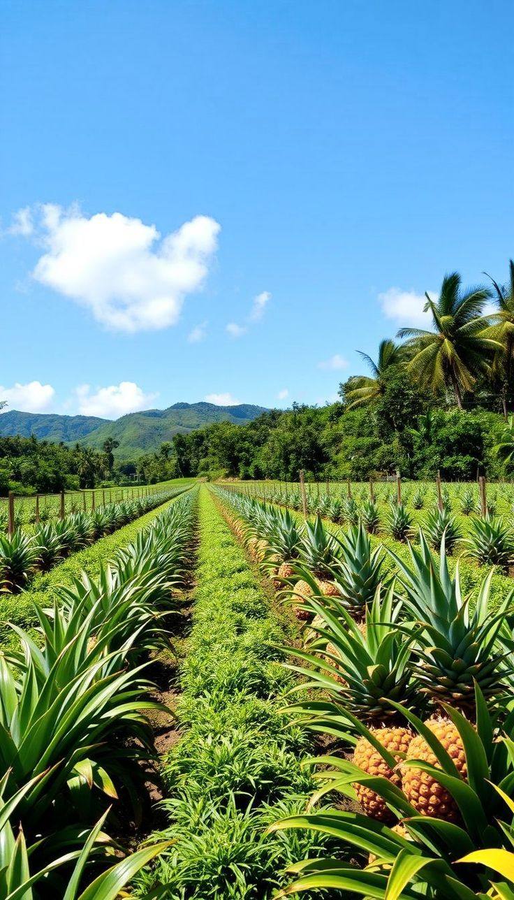 Tropical pineapple fields under a clear blue sky